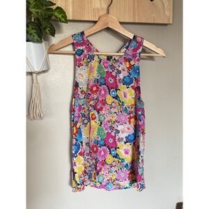 Twentyone Womens 100% Silk Floral Sleeveless Blouse Multi-Color Zip Back Small